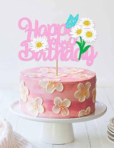 Topper за торта с Маргаритками, Блестящ Розово Цвете в стил Бохо, Украса за Торта за Рожден Ден за Момичета И Момчета,