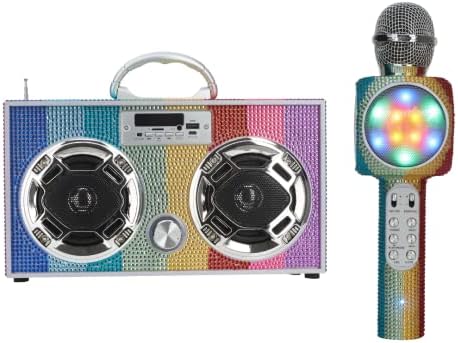 Комплект безжични експрес-аксесоари - Mini boombox с led подсветка с радио и Bluetooth - Караоке микрофон Bluetooth Комплект радиомикрофонов (сребрист)