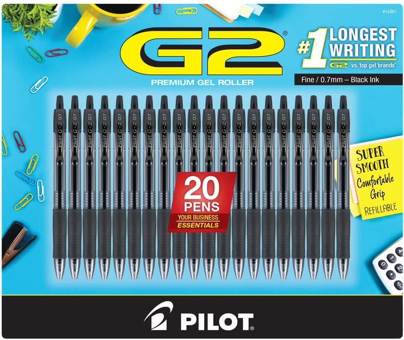 Дръжки С Гелевыми мастило PILOT Pen G2 Black Премиум-клас, Прибиращи и за Многократна употреба, Fine Point, 0,7 мм, 20 броя