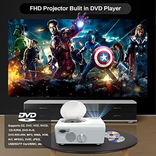 Вграден проектор 1080P WiFi, Bluetooth, Вградена DVD-плейър, Преносим проектор MINLOVE Full HD, Мини-видео проектор