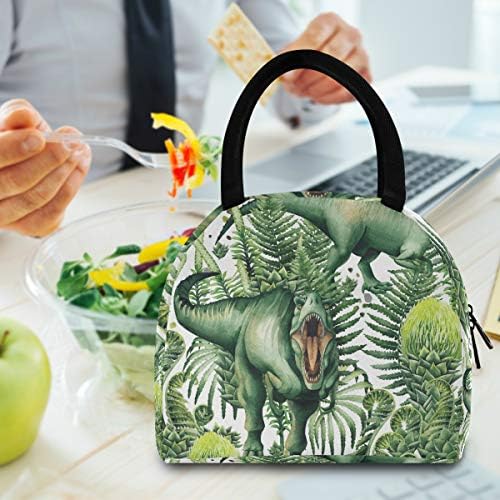 Случайна чанта за обяд Дамски - Акварел тиранозавър рекс Зелени Растения-Големи Запечатани Кутии за Обяд с плечевыми ремъци за работа Пресни