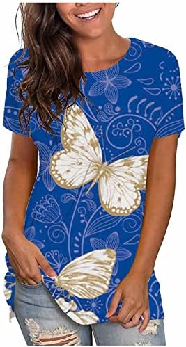 Лятна Тениска за жени, Върхове със Сладка Пеперуда и Цветя Принтом, Модерна Туника Свободно, Намаляване, Ризи с Къс