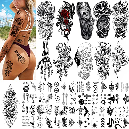 Quichic 130 Дизайн Временна Татуировка Секси Половината Ръкави Фалшиви Татуировки за Жени на Готини Татуировки на Ръцете си, за Двойка Черно Реалистичен