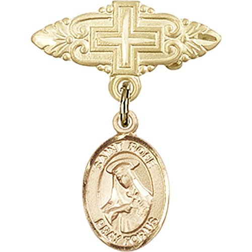 детски икона от жълто злато 14 карата с окачване Света Роза от Лима и Игла за икона с кръст 1 X 3/4 инча