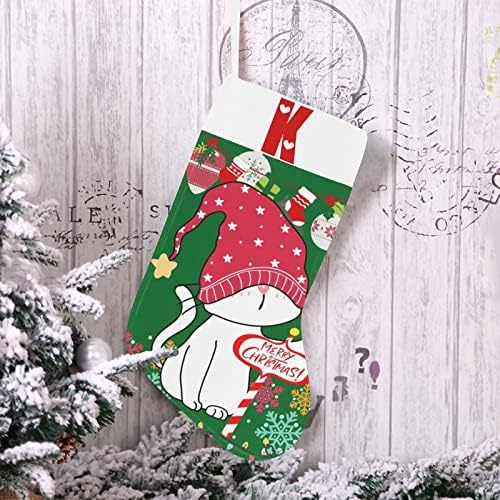 Коледни Чорапи с монограм Santa Котка с Буквата K и Сърце с Размер 18 инча Зелено-Бял цвят