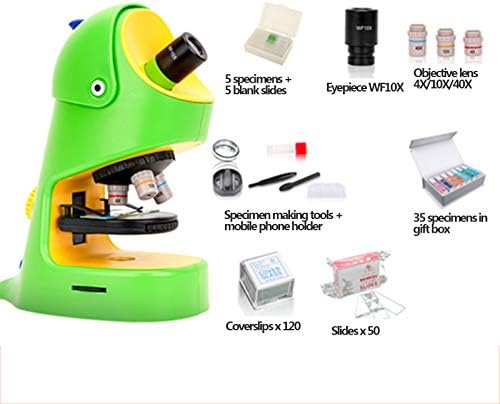 Микроскоп за начинаещи, средни деца 40x-1000x с изцяло стъклена лупа, Наблюдение на проба / обект, Обективна леща (4X, 10X 40X), материал ABS, задвижвани от батерия, 33,5x29,5x14 см