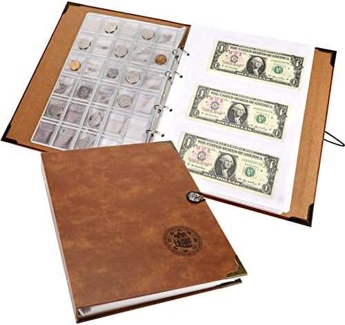 Албум за събиране на монети JIELISI, Голяма Книга за колекционери 150 джобове за монети и 240 Джобове за книжни пари, Албум