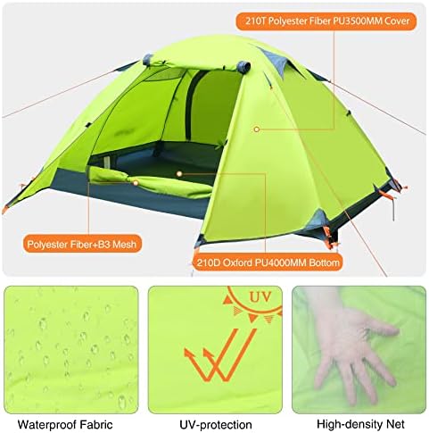 Кемпинговая палатка REDCAMP за 2 души, Лека Палатка за туризъм, Водоустойчив Ветрозащитная с Rainfly, Две Врати, Двупластова