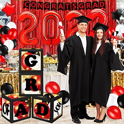 Бижута за бала 2023, Черно-Червени Бижута за бала клас 2023 година с Кутии, балони, Банер, Големи Уреди за Поздравителна партита Възпитаници, Украса за завършилите висши