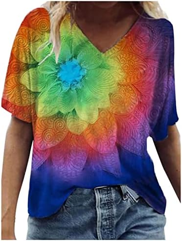 Женска Тениска Свободно Намаляване с Къс ръкав, Реколта Блузи с V-образно деколте и Цветисти Принтом, Лятна Ежедневни