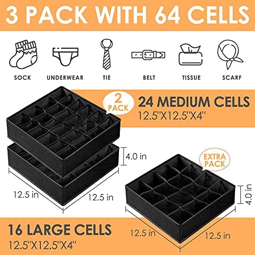 6 Опаковки разделители за чекмеджета за бельо, за чорапи, тъканни сгъваеми организаторите за шкафове в 64 клетки и кутии