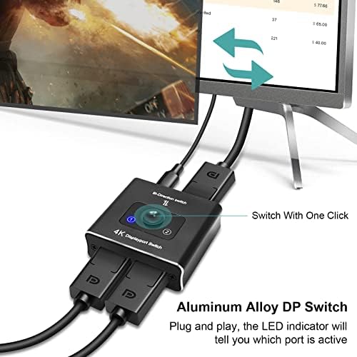 TOGOHOP 4K DisplayPort Switch Сплитер, Двупосочен превключвател DP 1.4 2 в 1 Изход/1 2 изход Поддържа Съвместимост