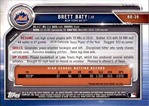 Бейзбол в драфте Боумена 2019 BD-39 Брет Бати Ню Йорк Метс Официалната търговска картичка MLB, издаден Topps