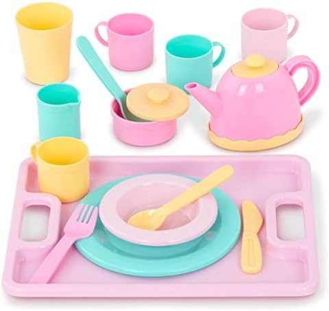 Комплект съдове за готвене Play Кръг от Battat – Dishes Wishes – Цветни чинии, чайник, Чаши, Лъжици, Вилици, Сервировочный