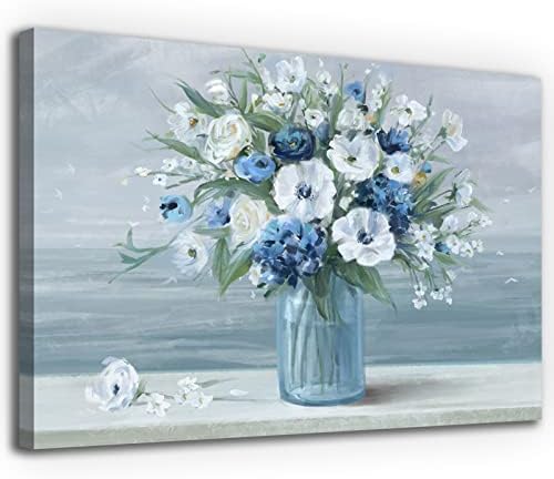 Реколта Цветя Платно Стенно Изкуство Синьо Бяло Цвете Платно Картина Ретро Цветя във Ваза Платно Картини