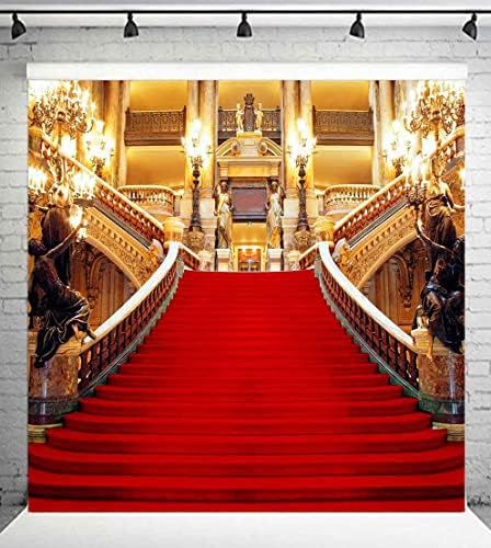 Златен Фон Зала с Червен Килим Пътека, 8х8 метра, Фон за Снимки в Париж Операта Театъра, Декорации за декори на Фантомът от операта,