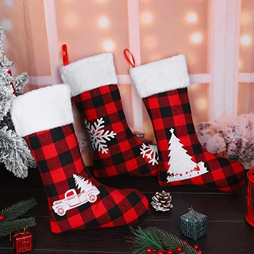 Hiwooii, 6 Опаковки, Коледни Чорапи с Бродирани Модел, Плюшени Белезници, 18 Инча, Големи Висящи Чорапи в клетката
