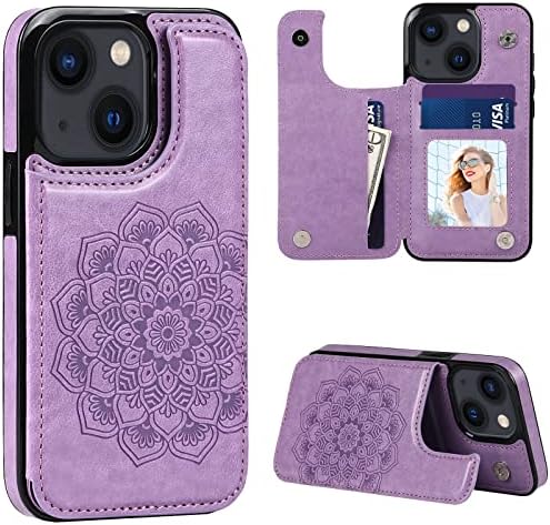 Разработена за iPhone 13 Калъф с държач за карти, тънък панти калъф за жени от Изкуствена кожа с релефни Мандала и отделения за кредитни карти, една чанта-портфейл с маг?