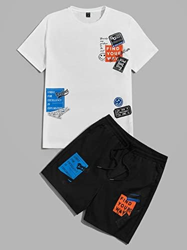FDSUFDY/ Мъжки облекла от две части, тениска с надпис и изображения, панталони с завязками на талията (Цвят: черно-бял, Размер: малък)