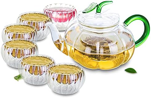 Чайник от Прозрачно Стъкло в стил Красива Ярка Тиква с Набор от Чаени Чаши с Двойни Стени 6ШТ