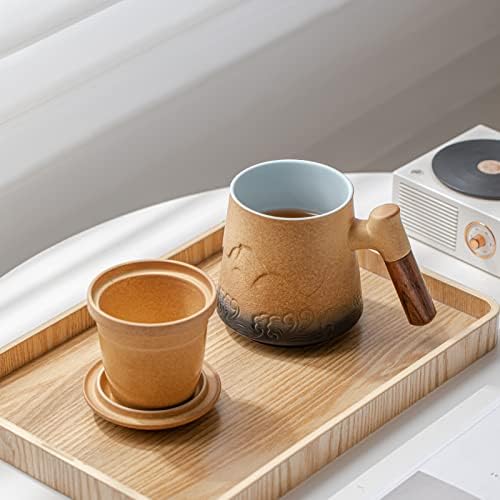 Чаена чаша Maxjoy с приготвяне на чай и капак Керамични Чаени чаши с дървена дръжка за варене на Рассыпчатого ламарина чай (15,2 унции, класическа Градиент жълто-пясъчна