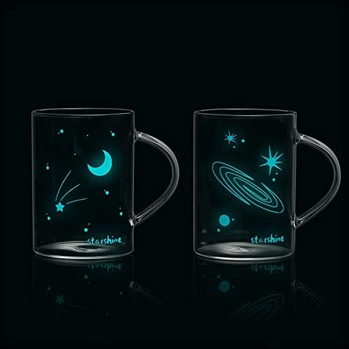Стъклени Чаши за любителите на астрономията - на Нощното небе, Комплект от 2 Чаши с променящата се светлина, Светещ Чаша Съзвездия - Светещи в тъмното Подаръци - Звез?